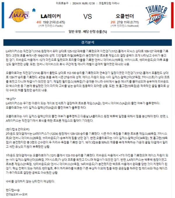 2024년 01월 16일 12시 30분 미국 프로농구 NBA LA레이커 vs 오클썬더