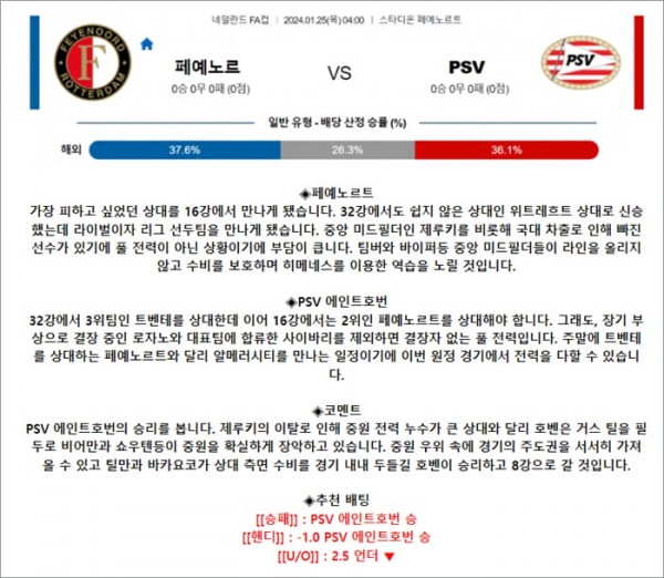 1월 25일 네FA컵 페예노르 PSV