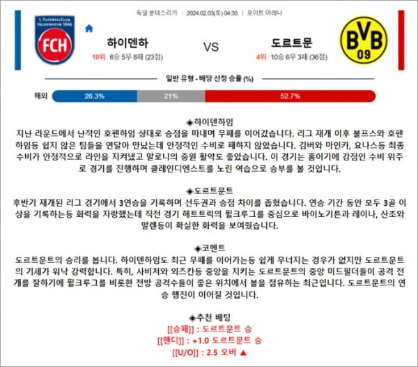 2월 03일 분데스리 하이덴하 도르트문
