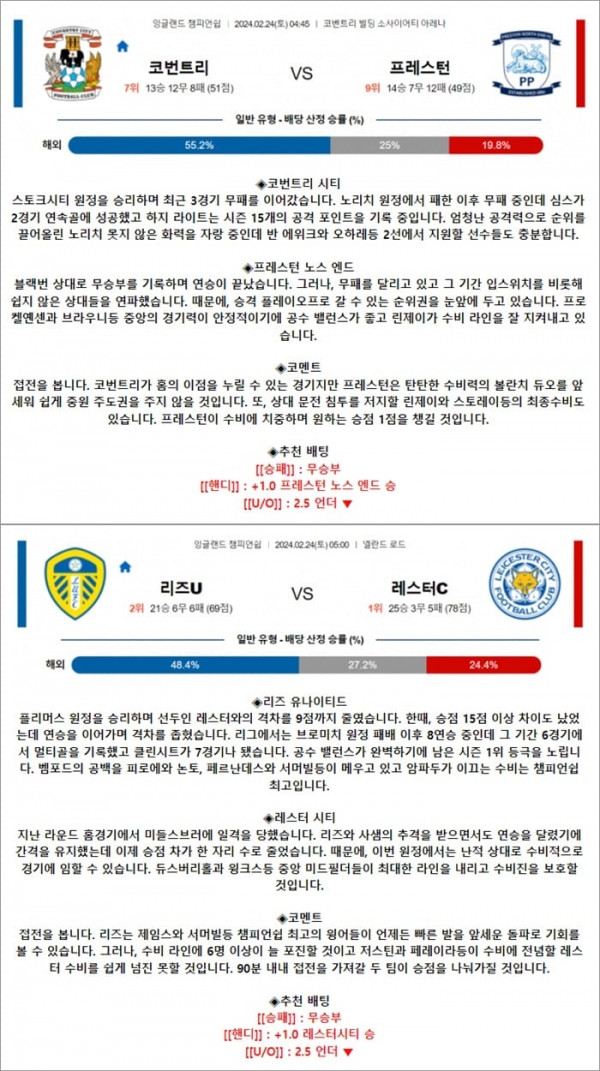 2월 24일 잉글랜드 챔피언쉽 2경기
