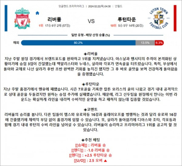 2월 22일 EPL 리버풀 루턴타운