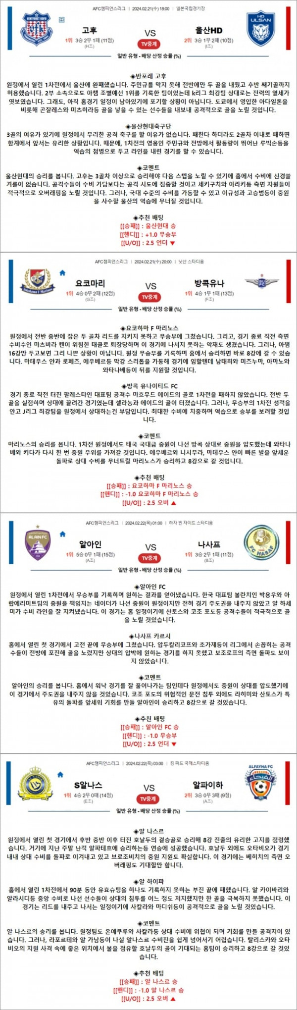 2월 21-22일 ACL 4경기