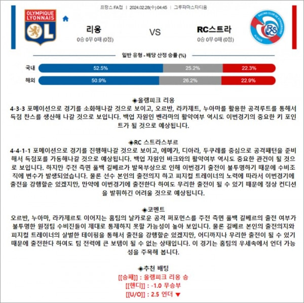 2월 28일 프FA컵 리옹 RC스트라