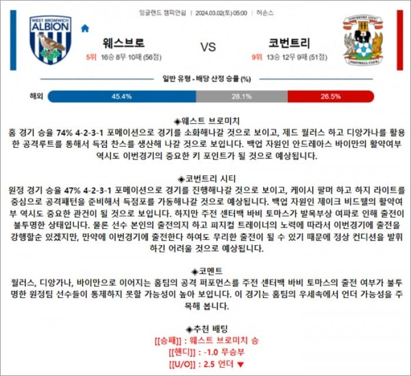 3월 02일 잉글랜드 챔피언쉽 웨스브로 코번트리