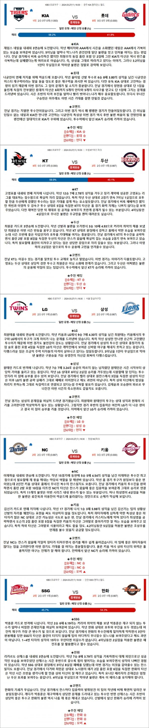 3월 27일 KBO 5경기