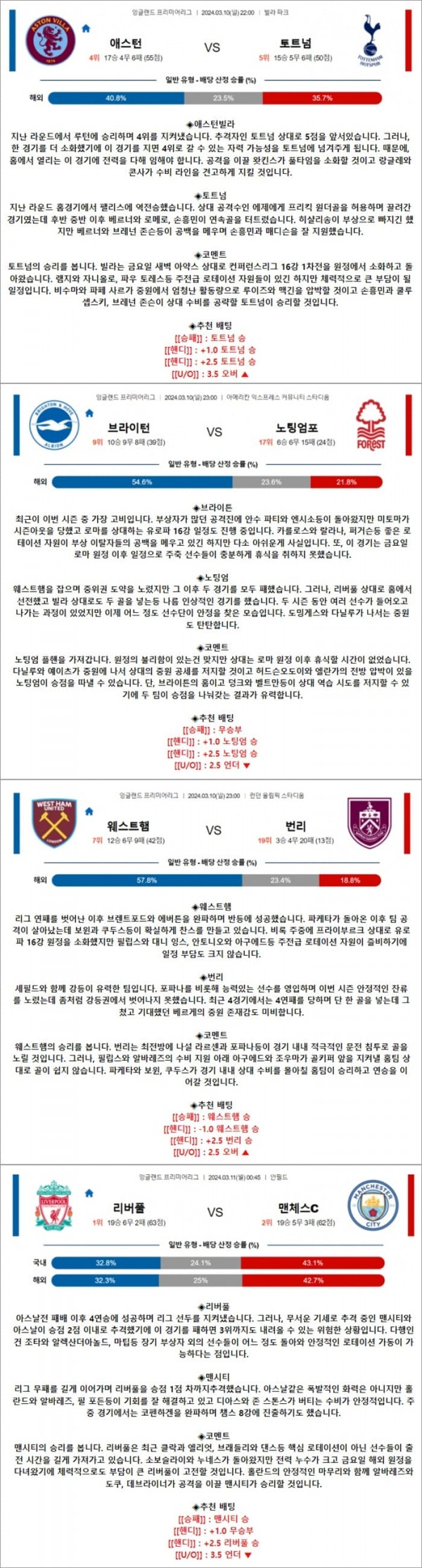 3월 10-11일 EPL 4경기