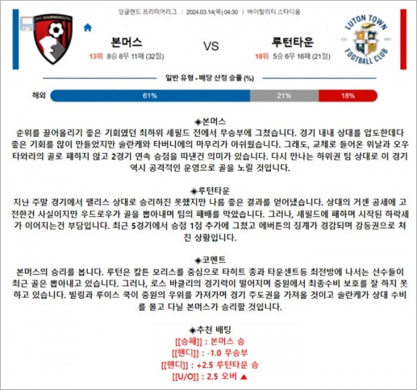3월 14일 EPL 본머스 루턴타운