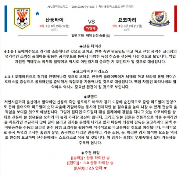 3월 6일 ACL 산둥타이 요코마리