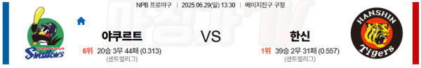 06월 29일 NPB 야쿠르트 한신 KBO/NPB분석 무료중계 스포츠분석 관련 이미지